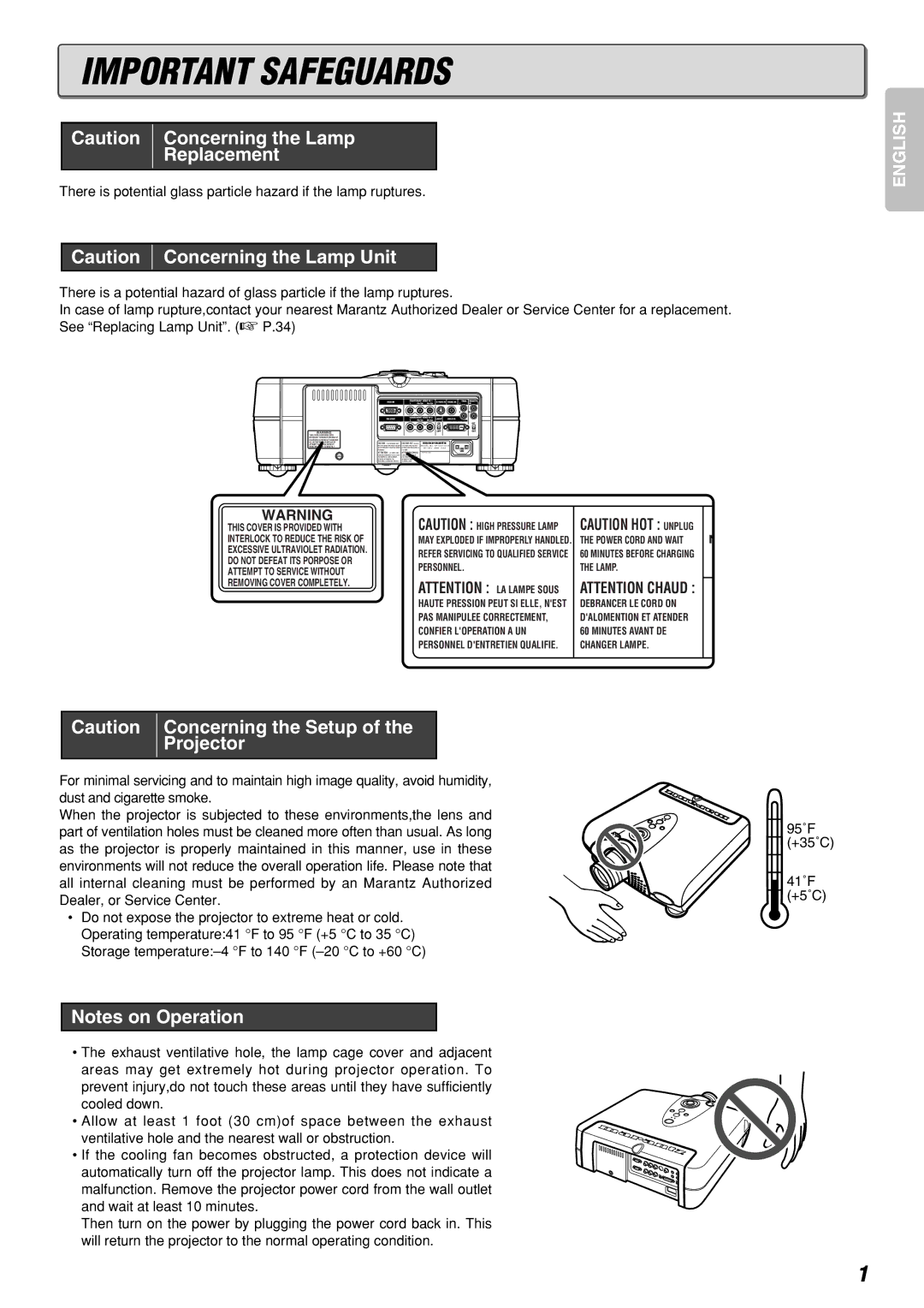 Marantz VP-12S3/VP-12S3L manual Important Safeguards, Replacement 