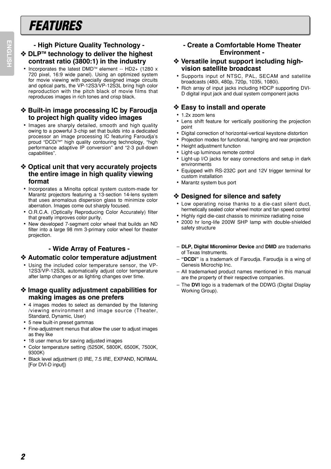 Marantz VP-12S3/VP-12S3L manual Features, Easy to install and operate, Designed for silence and safety 