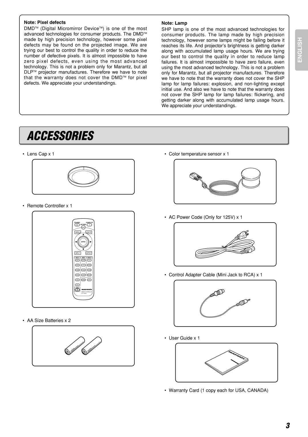 Marantz VP-12S3/VP-12S3L manual Accessories, Lens Cap x Remote Controller x 