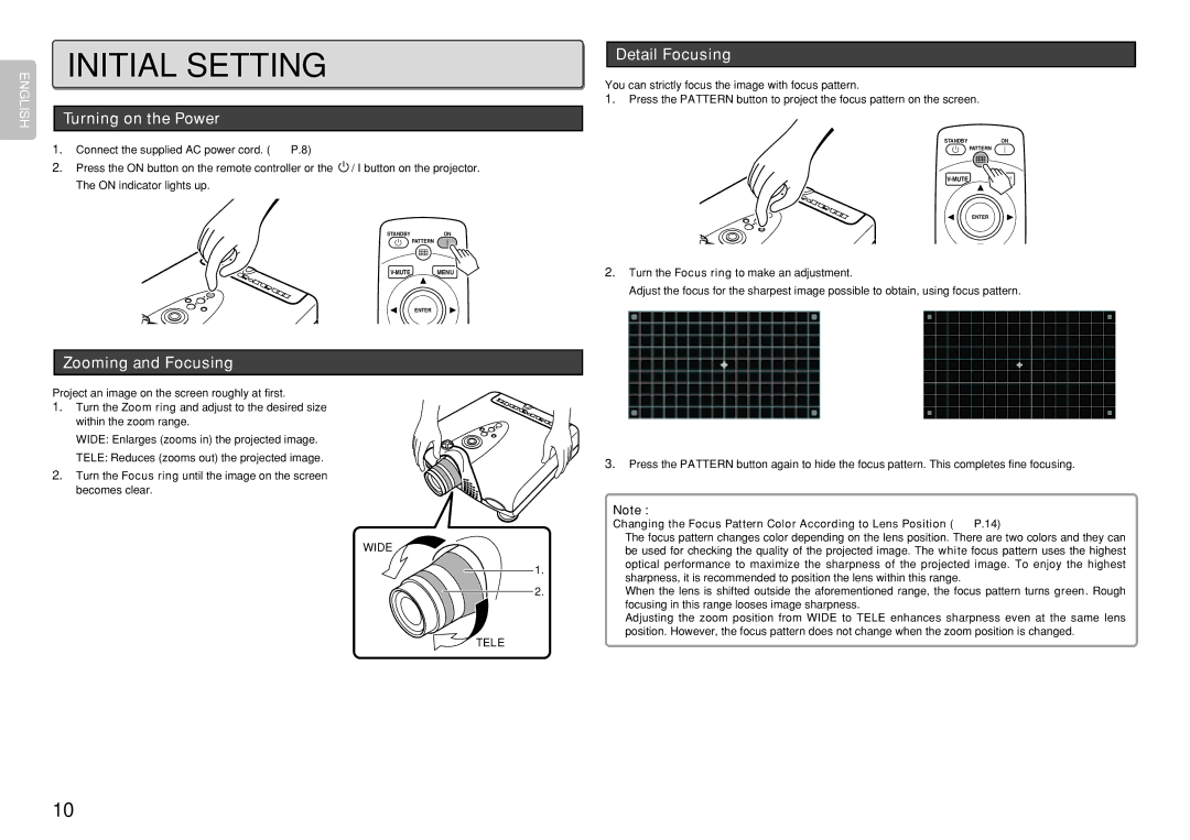 Marantz VP-12S4 manual Initial Setting, Detail Focusing, Turning on the Power, Zooming and Focusing 