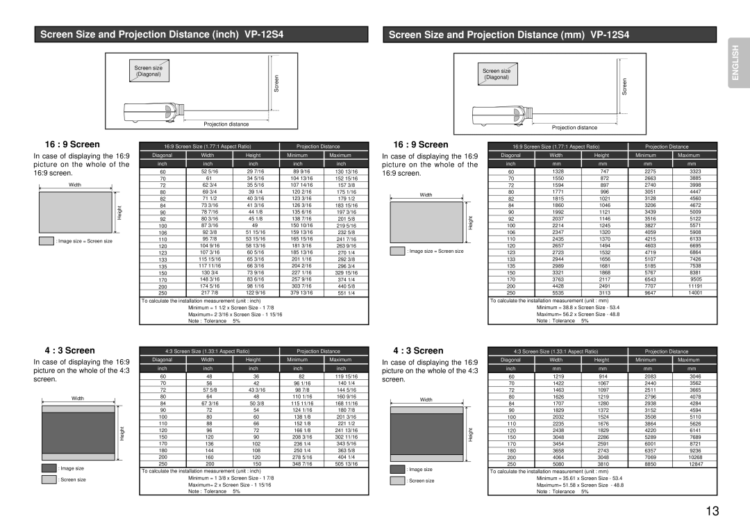 Marantz Screen Size and Projection Distance inch VP-12S4, Screen Size and Projection Distance mm VP-12S4, 16 9 Screen 