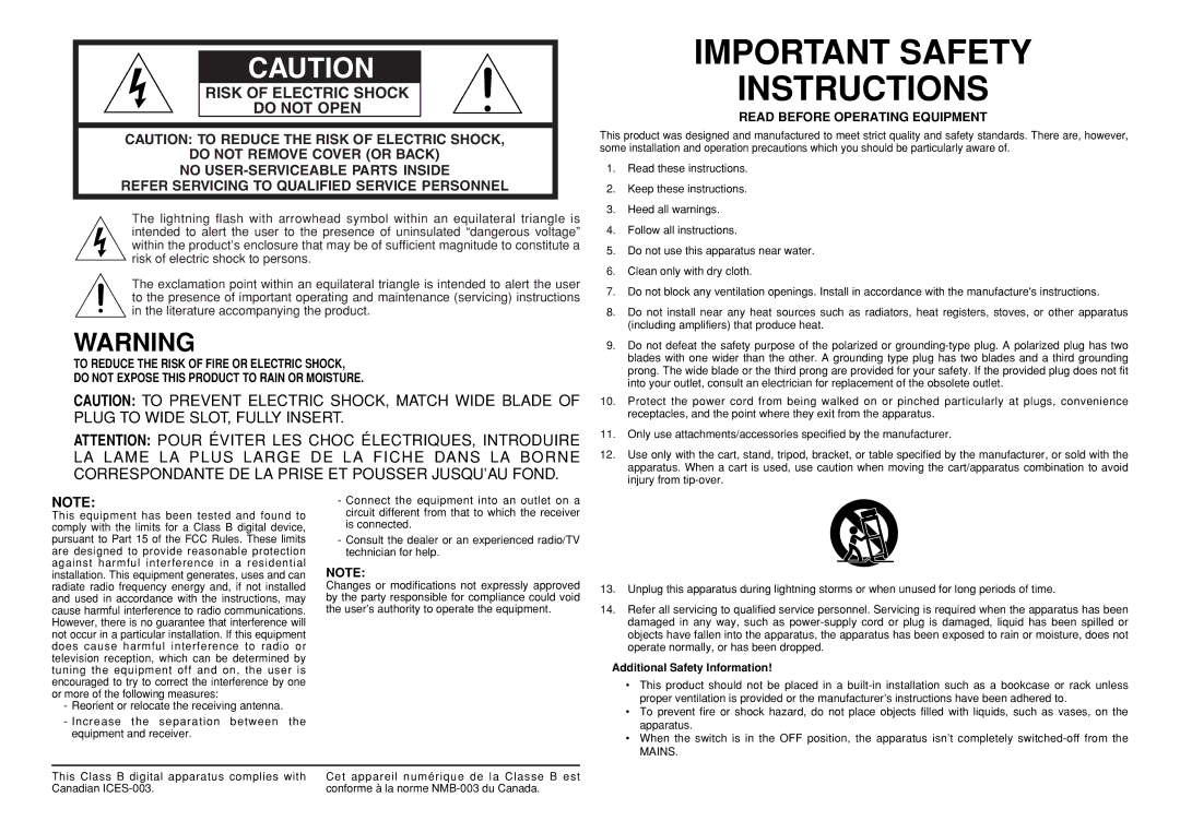 Marantz VP-12S4 manual Read Before Operating Equipment, Additional Safety Information 