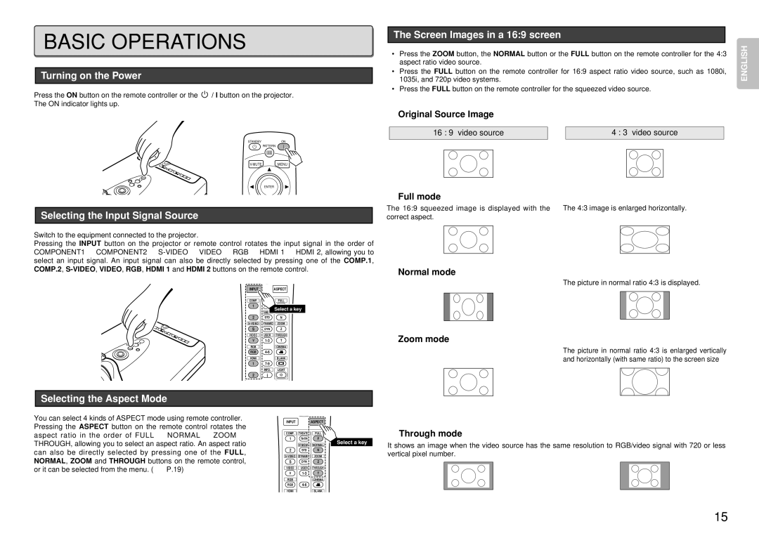 Marantz VP-12S4 manual Basic Operations, Screen Images in a 169 screen, Selecting the Input Signal Source 