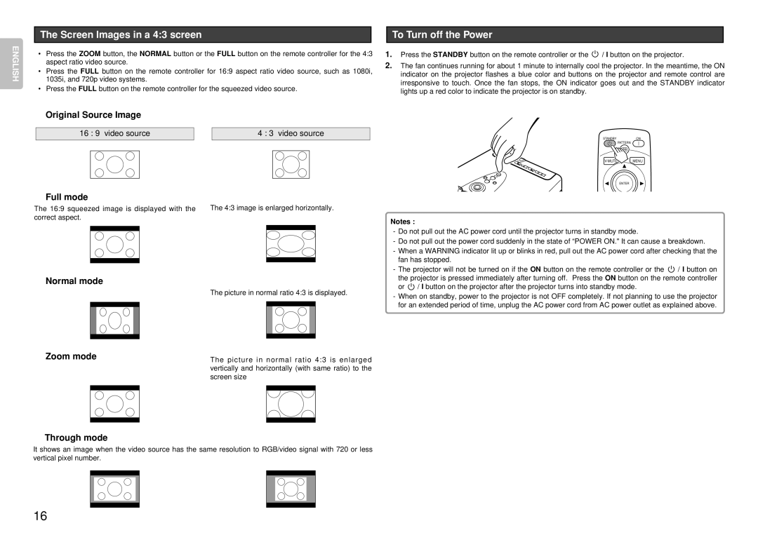 Marantz VP-12S4 manual Screen Images in a 43 screen, To Turn off the Power 