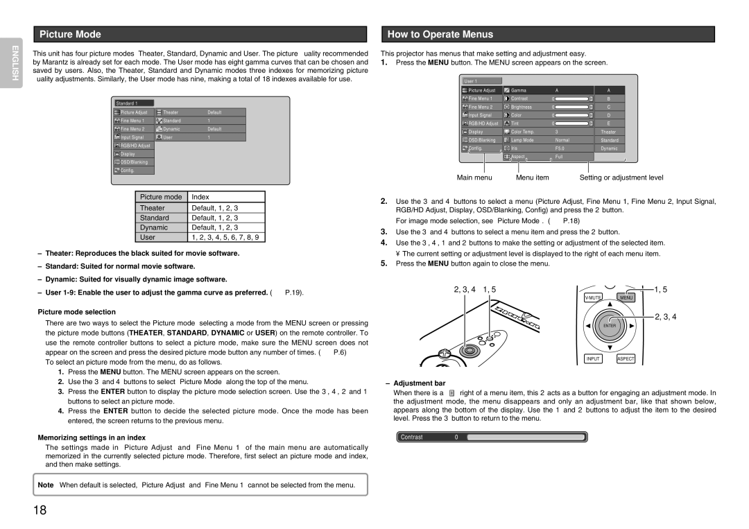 Marantz VP-12S4 manual Picture Mode How to Operate Menus, Memorizing settings in an index, Adjustment bar 