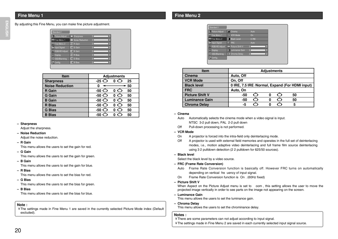 Marantz VP-12S4 manual Fine Menu, Frc 