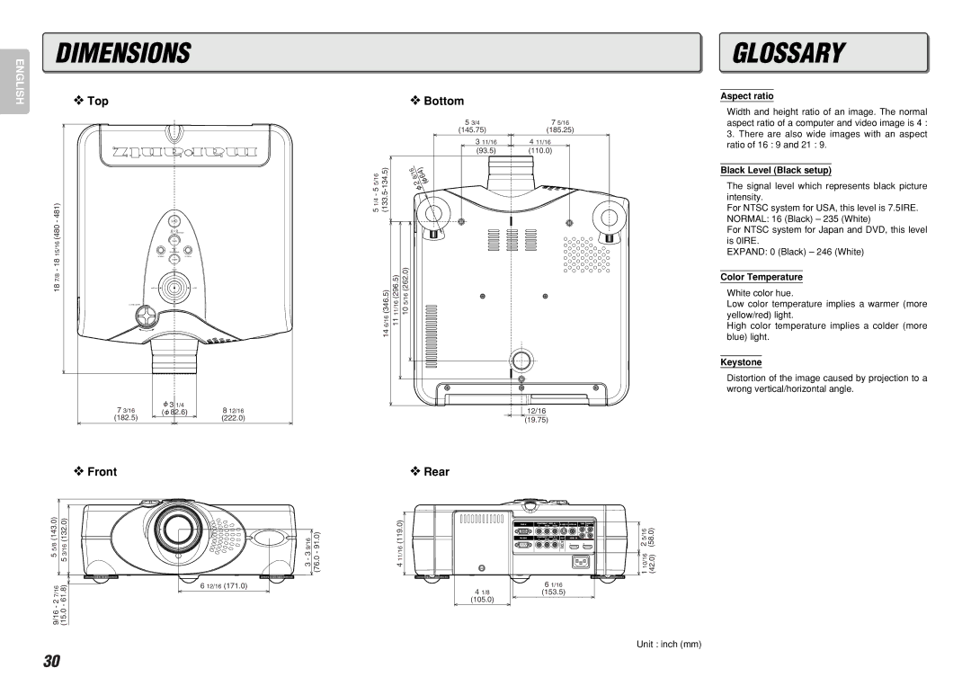 Marantz VP-12S4 manual Glossary, Bottom, Front, Aspect ratio, Black Level Black setup 