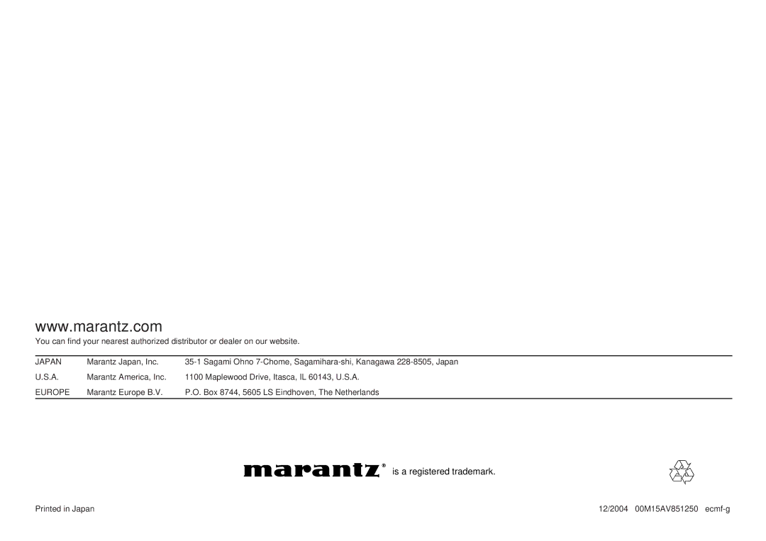 Marantz VP-12S4 manual Japan, Europe 