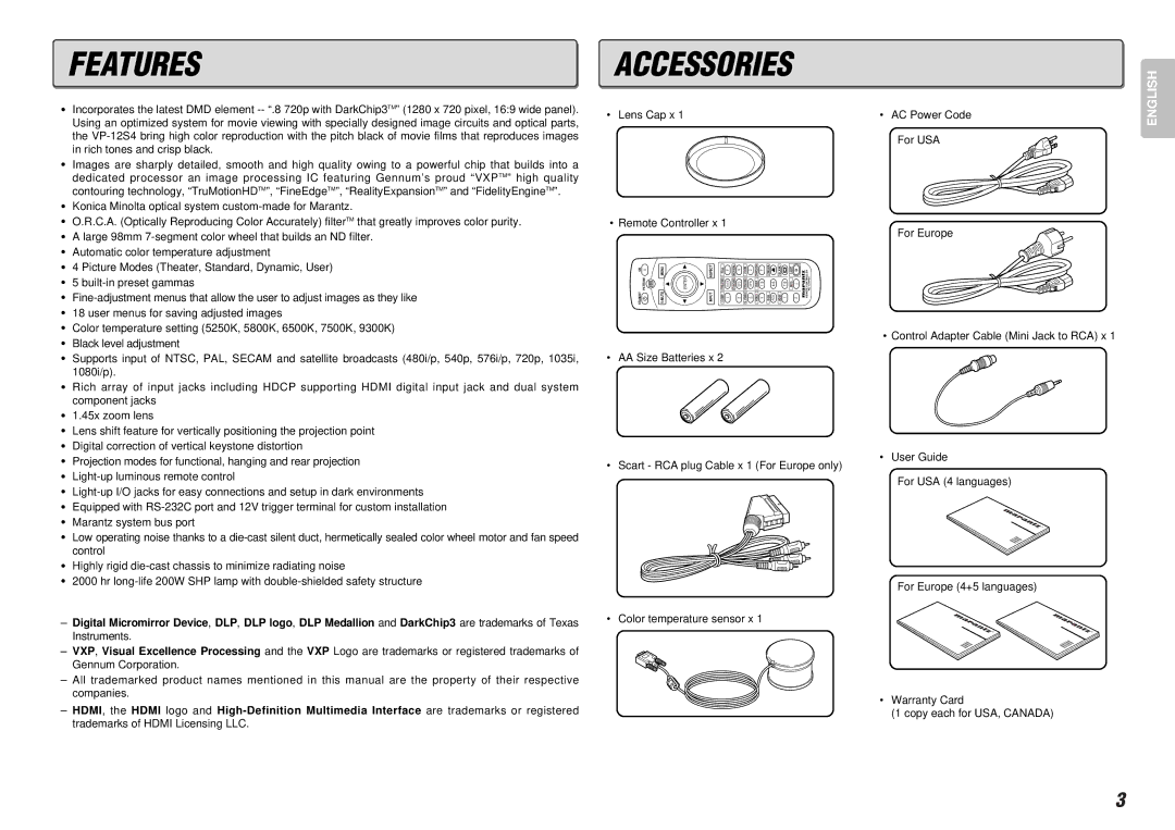 Marantz VP-12S4 manual Features, Accessories 