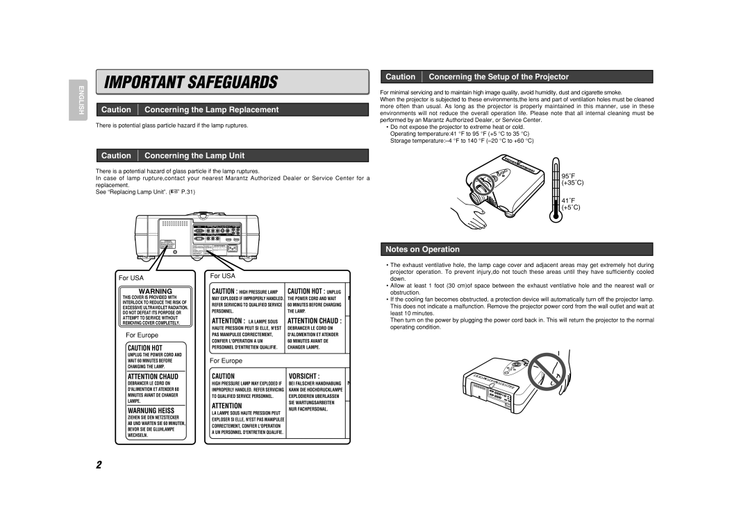 Marantz VP-15S1 manual Important Safeguards, Warnung Heiss, Vorsicht 