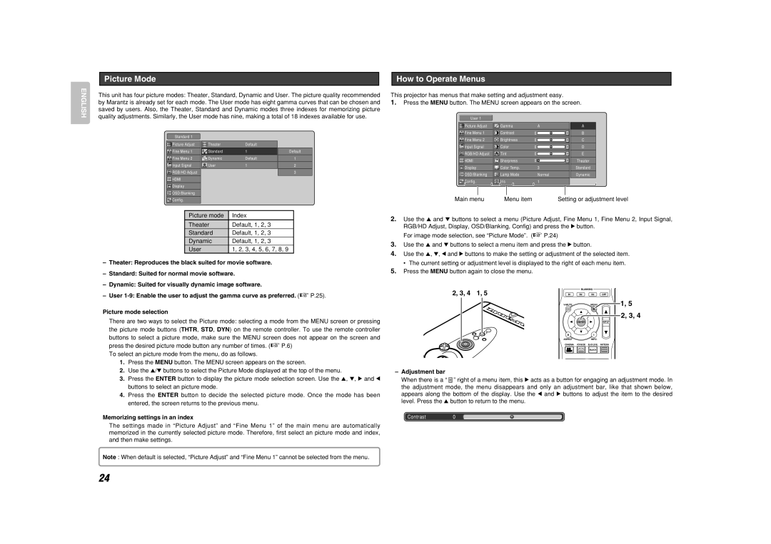 Marantz VP-15S1 manual Picture Mode, Memorizing settings in an index, Adjustment bar 