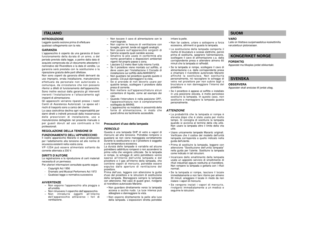 Marantz VP-15S1 manual Italiano, Suomi, Kongeriket Norge, Svenska 