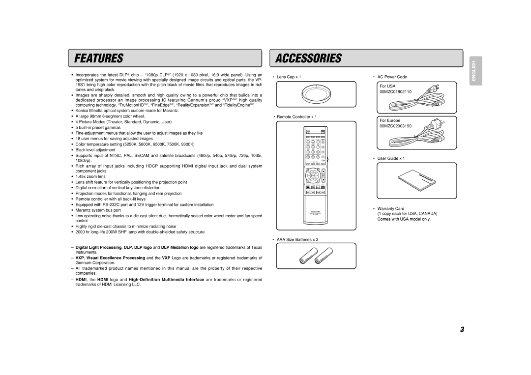 Marantz VP-15S1 manual Features, Accessories, English 