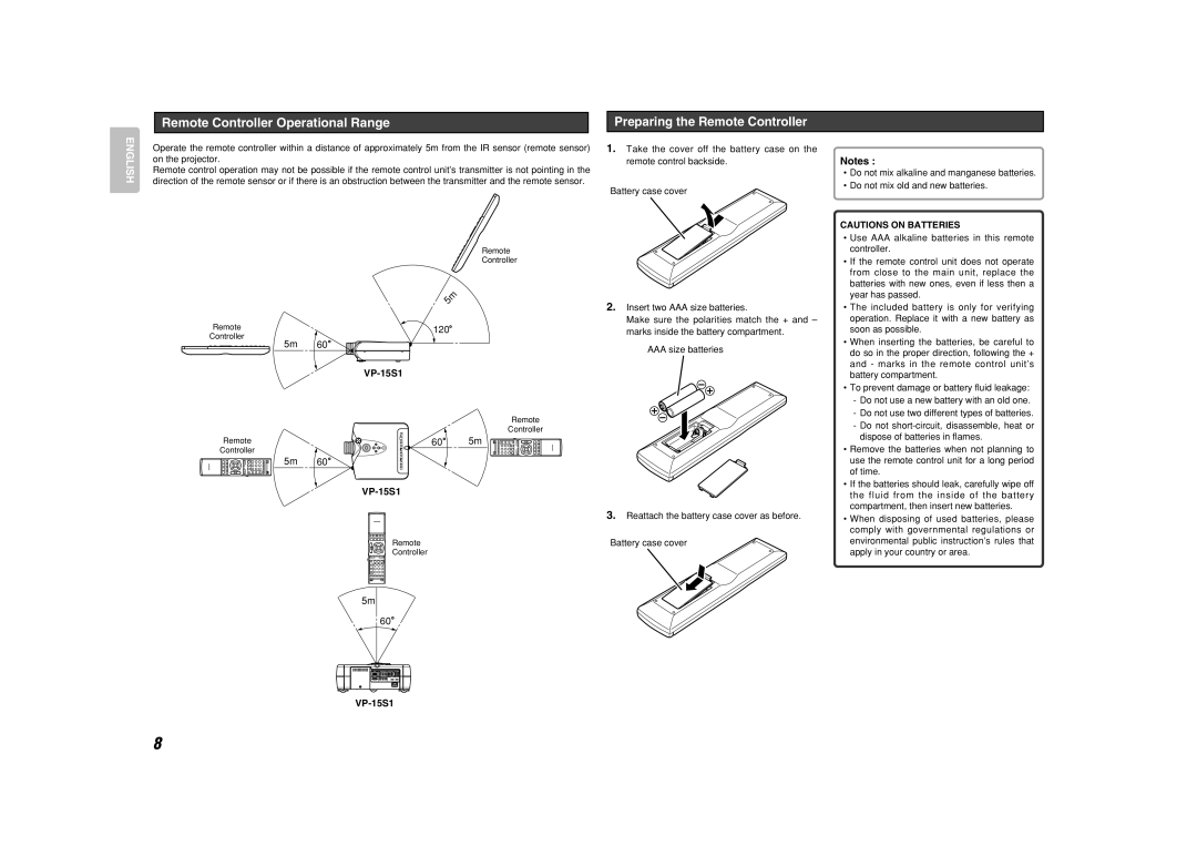 Marantz VP-15S1 manual Remote Controller Operational Range, Preparing the Remote Controller, English 