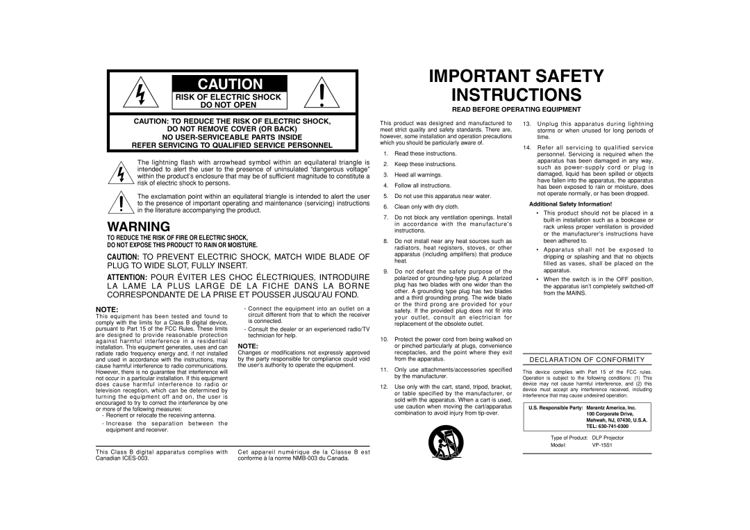 Marantz VP-15S1 manual Important Safety Instructions, Risk Of Electric Shock Do Not Open 