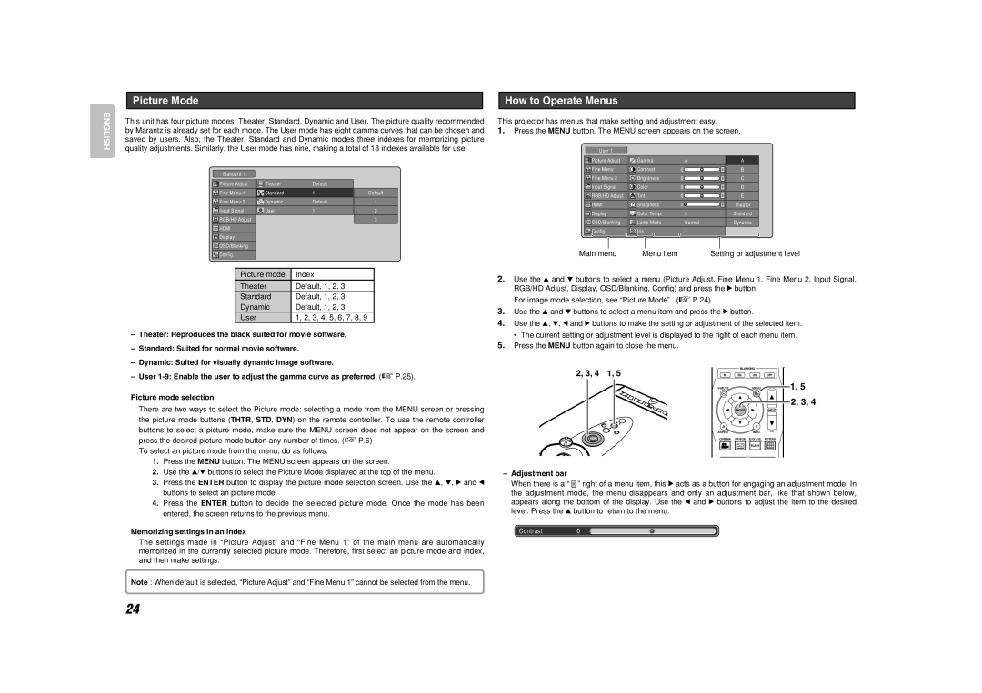 Marantz VP-15S1 manual Picture Mode, How to Operate Menus, English, 2, 3 
