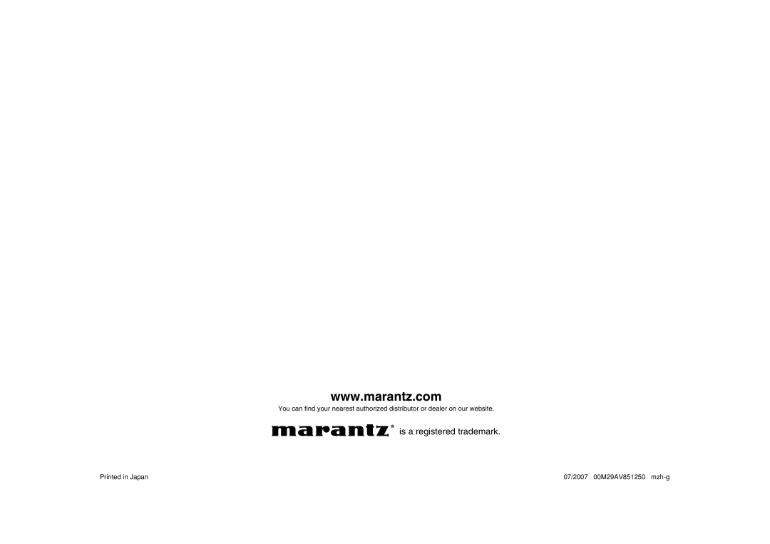 Marantz VP-15S1 manual is a registered trademark, Printed in Japan, 07/2007 00M29AV851250 mzh-g 
