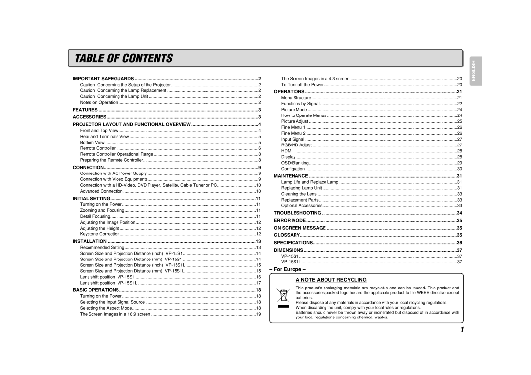 Marantz VP-15S1 Table Of Contents, For Europe A NOTE ABOUT RECYCLING, Important Safeguards, Features, Accessories, English 