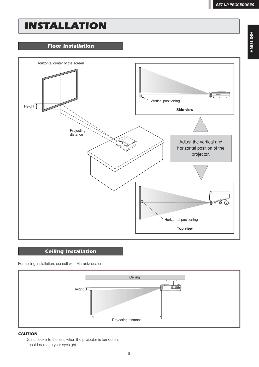 Marantz VP8100 manual Floor Installation, Ceiling Installation 