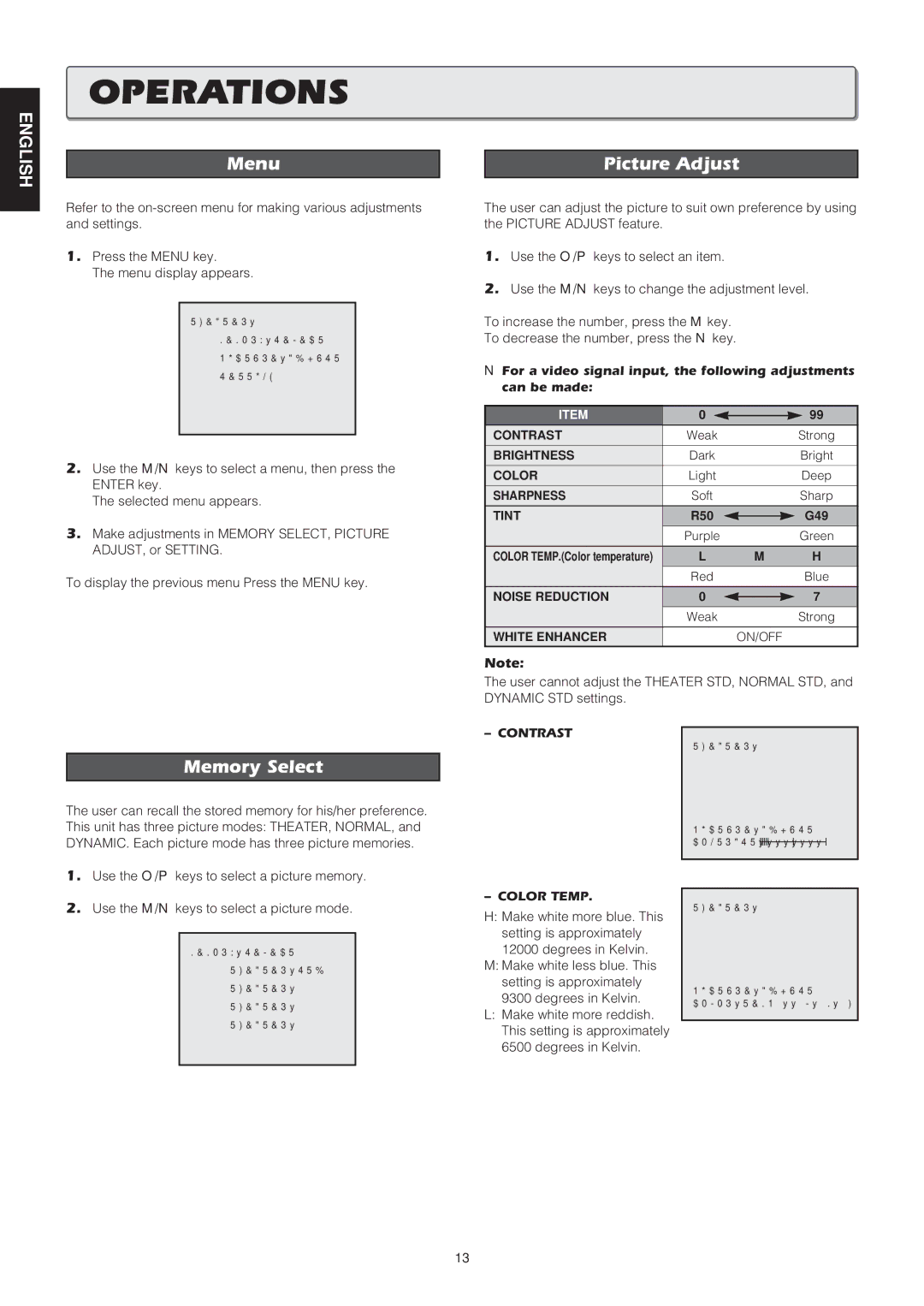 Marantz VP8100 manual Operations, Menu, Memory Select, Picture Adjust 