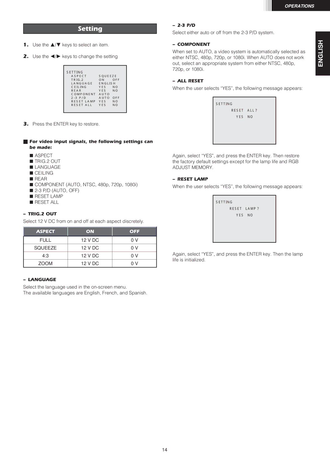 Marantz VP8100 manual Setting 