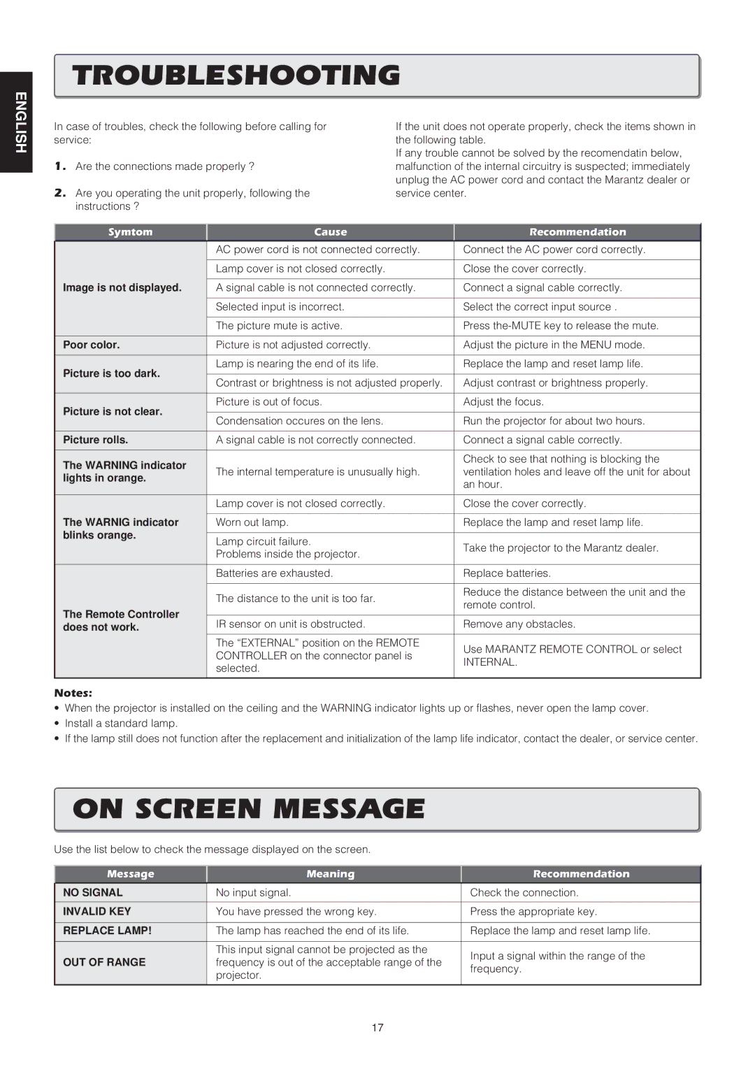 Marantz VP8100 manual Troubleshooting, On Screen Message 