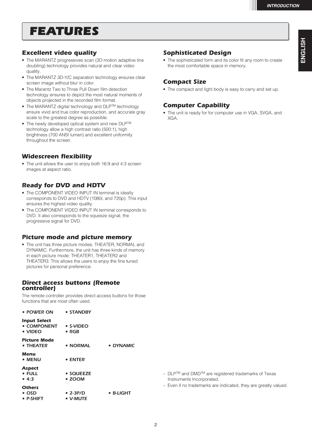 Marantz VP8100 manual Features, Excellent video quality Sophisticated Design 