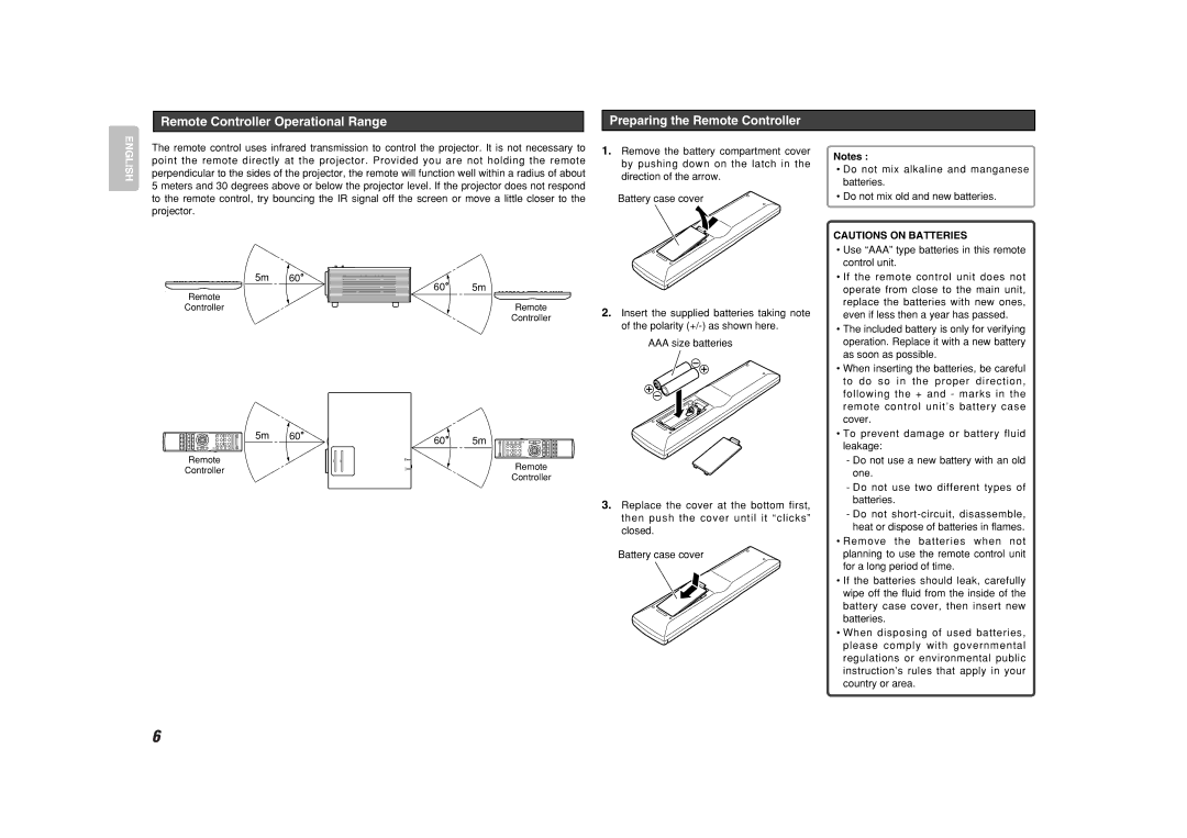 Marantz VP8600 manual Remote Controller Operational Range, Preparing the Remote Controller 