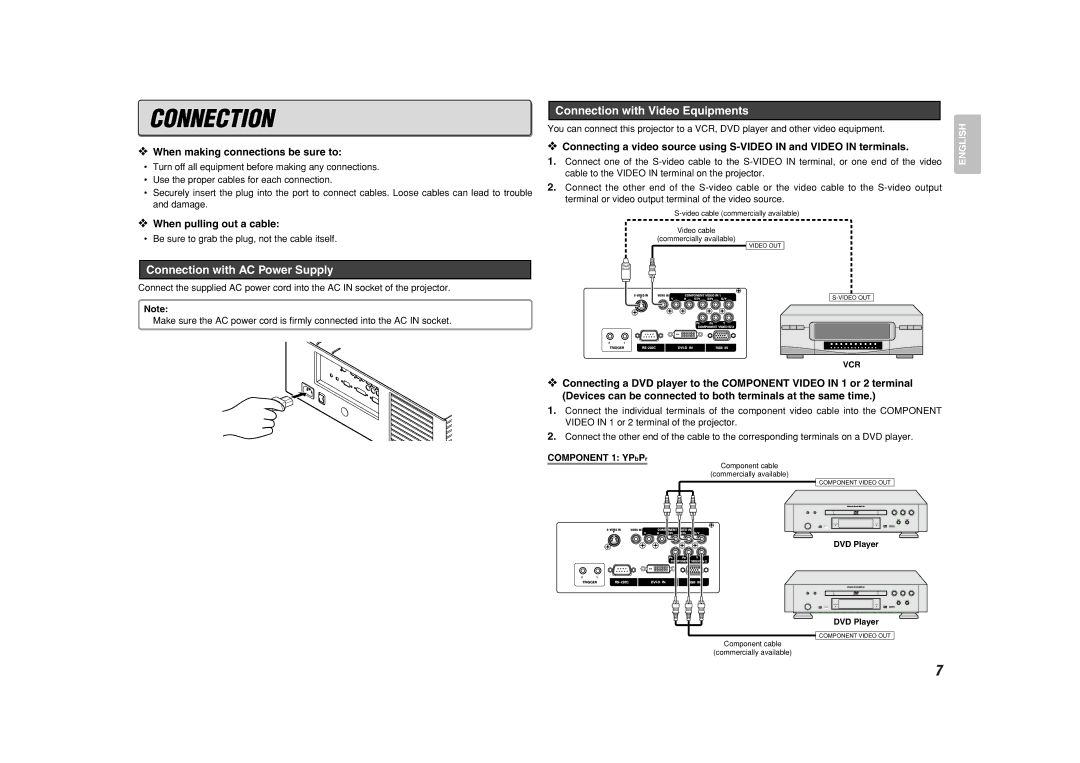 Marantz VP8600 Connection with Video Equipments, Connection with AC Power Supply, When making connections be sure to 