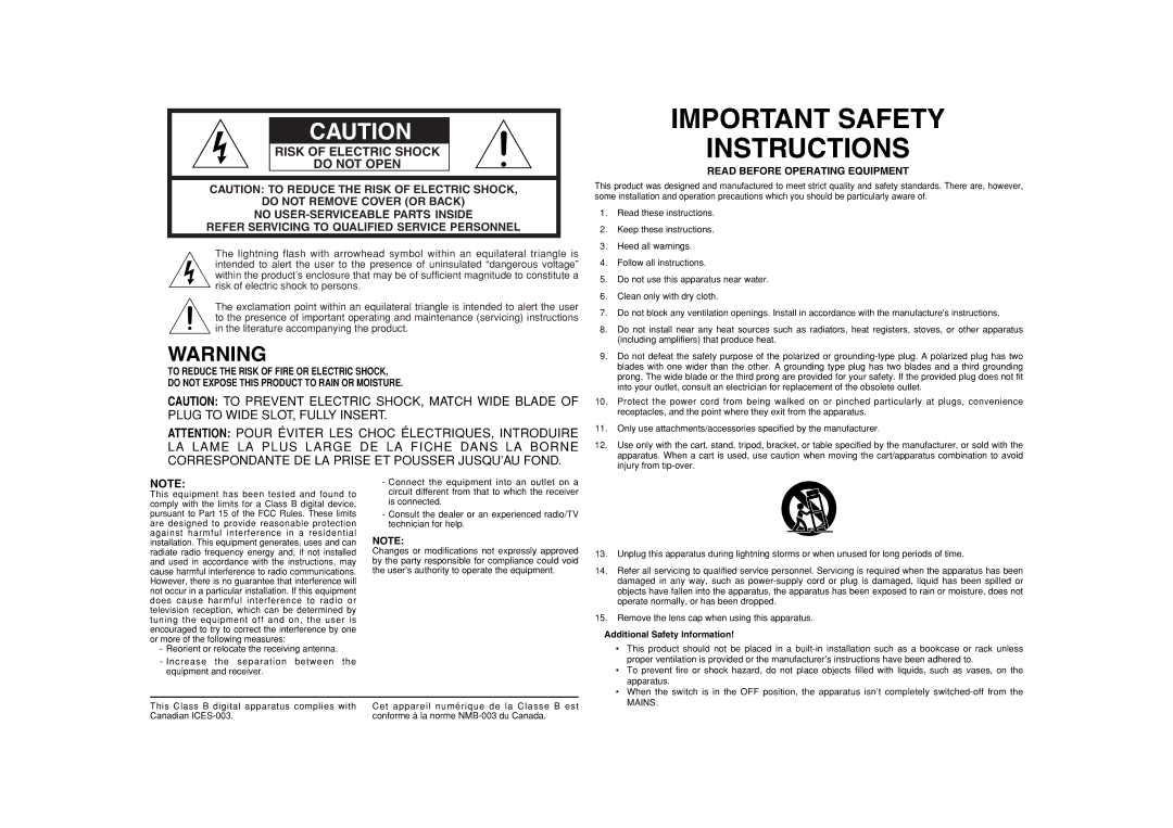 Marantz VP8600 manual Risk of Electric Shock Do not Open, Read Before Operating Equipment 