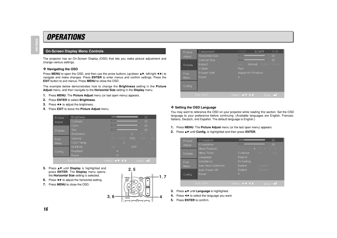 Marantz VP8600 manual Operations, On-Screen Display Menu Controls, Navigating the OSD, Setting the OSD Language 