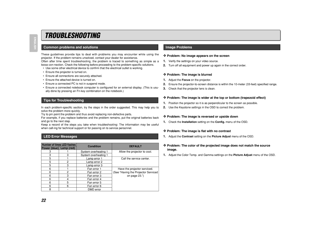 Marantz VP8600 manual Common problems and solutions, Image Problems, Tips for Troubleshooting, LED Error Messages 