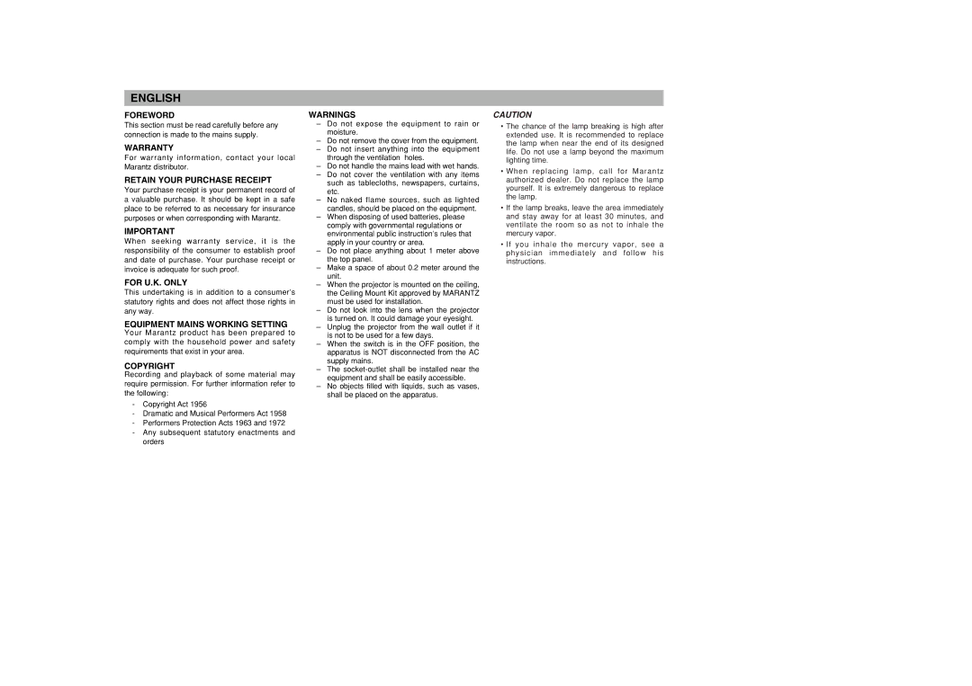 Marantz VP8600 Foreword, Warranty, Retain Your Purchase Receipt, For U.K. only, Equipment Mains Working Setting, Copyright 