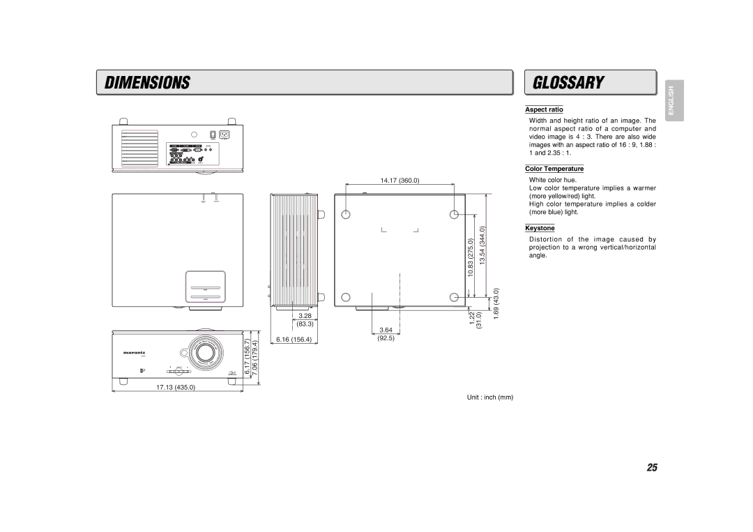 Marantz VP8600 manual Dimensions, Aspect ratio, Color Temperature, Keystone 