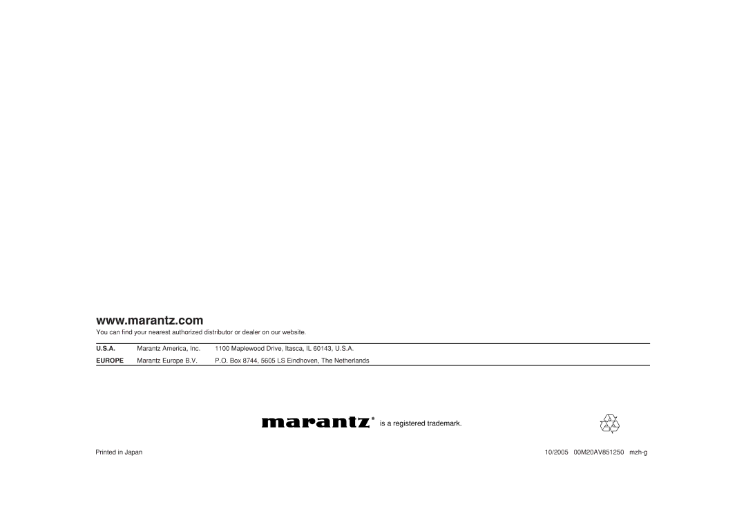 Marantz VP8600 manual Europe 