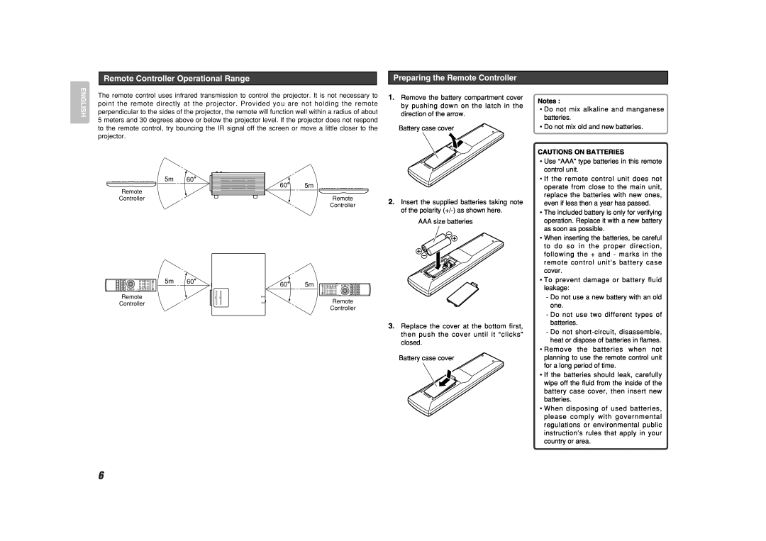 Marantz VP8600 manual Remote Controller Operational Range, Preparing the Remote Controller, English, Cautions On Batteries 