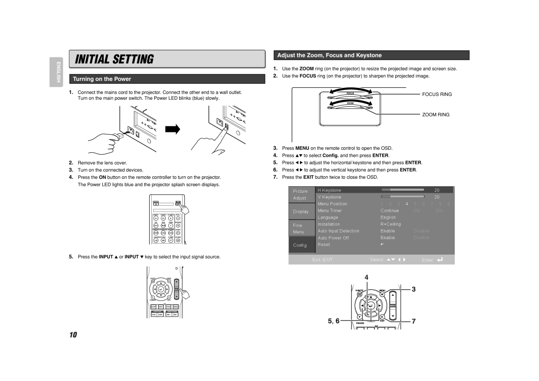 Marantz VP8600 manual Initial Setting, Turning on the Power, Adjust the Zoom, Focus and Keystone, English 