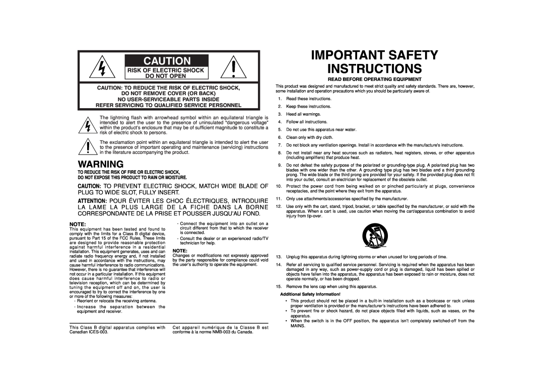 Marantz VP8600 manual Important Safety Instructions, Risk Of Electric Shock Do Not Open 