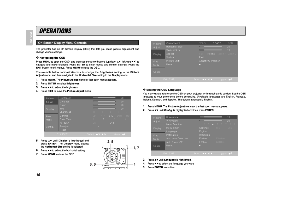 Marantz VP8600 manual Operations, On-Screen Display Menu Controls, Navigating the OSD, Setting the OSD Language 