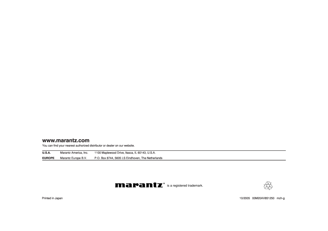 Marantz VP8600 manual is a registered trademark, U.S.A, Europe 