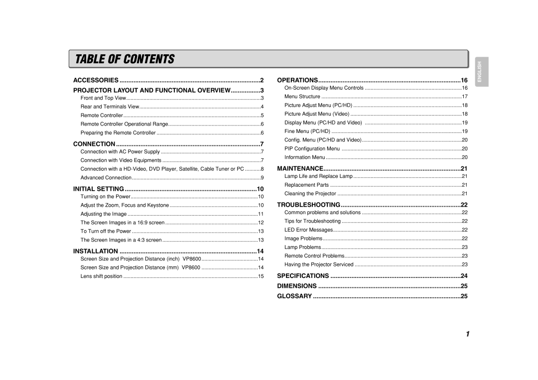 Marantz VP8600 manual Table Of Contents 