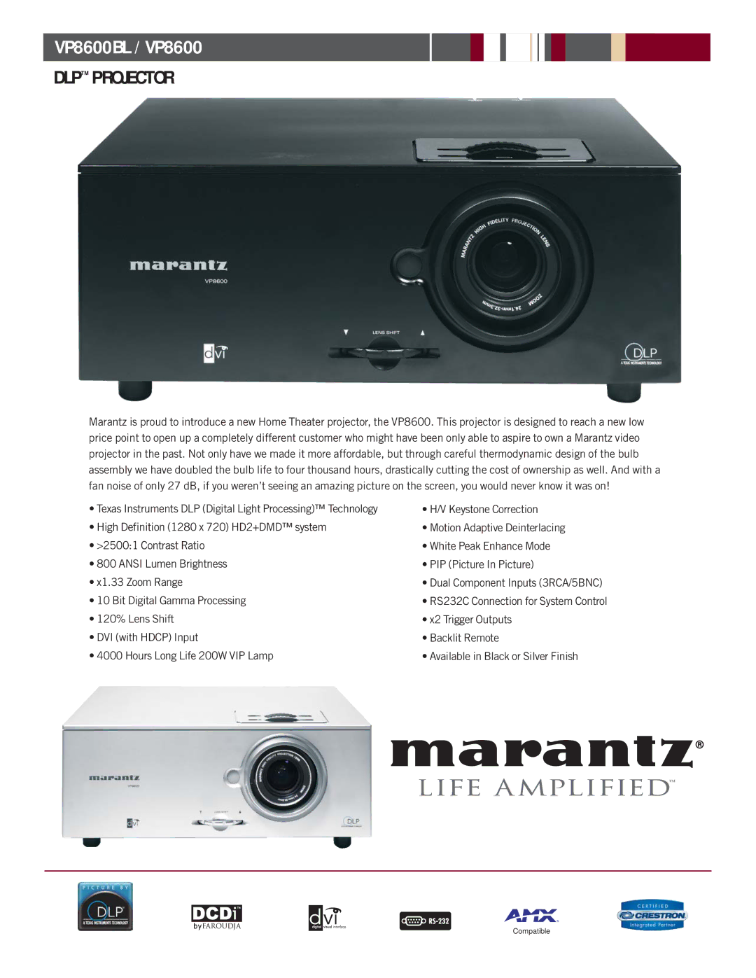 Marantz VP8600BL manual DLP Projector, Dual Component Inputs 3RCA/5BNC, RS232C Connection for System Control 