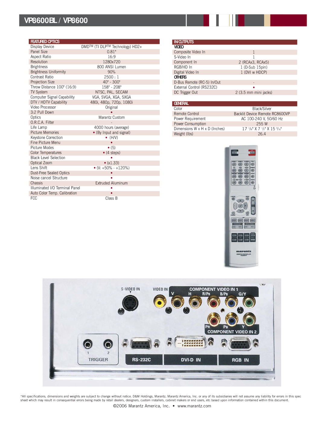 Marantz VP8600BL manual Featured Optics, In/Outputs, General 