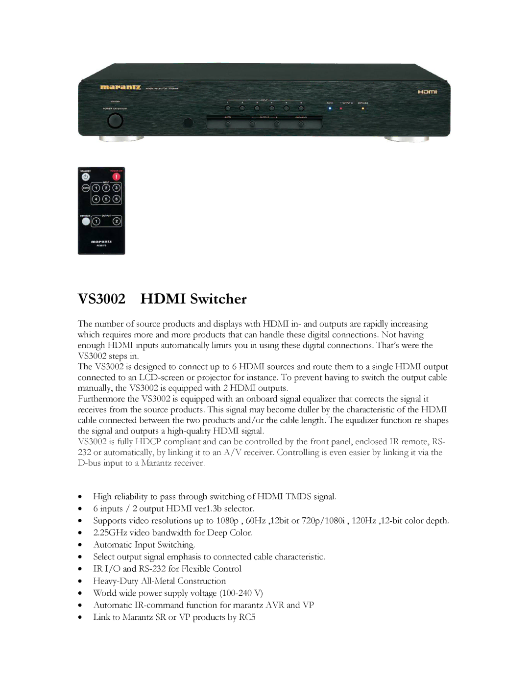 Marantz manual VS3002 Hdmi Switcher 