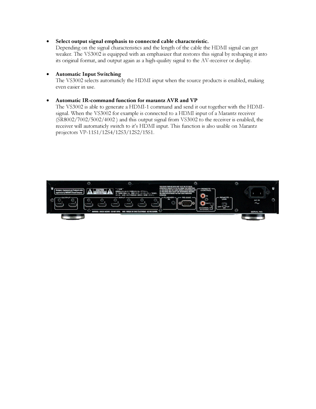 Marantz VS3002 manual Automatic Input Switching, Automatic IR-command function for marantz AVR and VP 