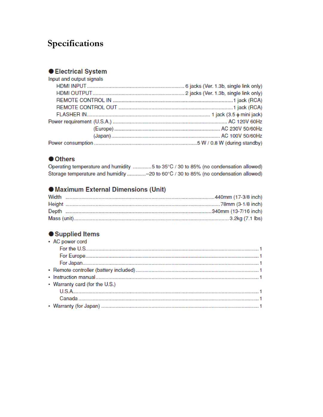 Marantz VS3002 manual Specifications 