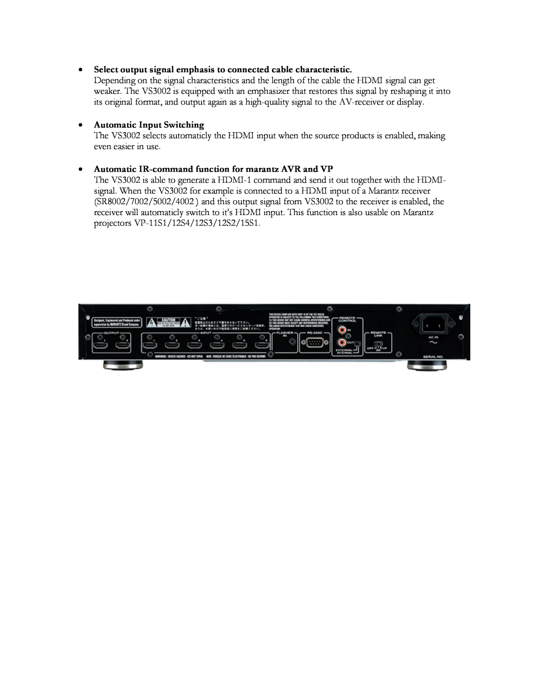 Marantz VS3002 manual Select output signal emphasis to connected cable characteristic, Automatic Input Switching 
