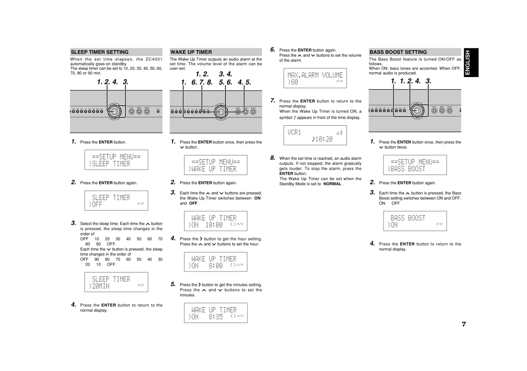 Marantz ZC4001 manual Sleep Timer Setting, Wake UP Timer, Bass Boost Setting, On ↔ OFF 