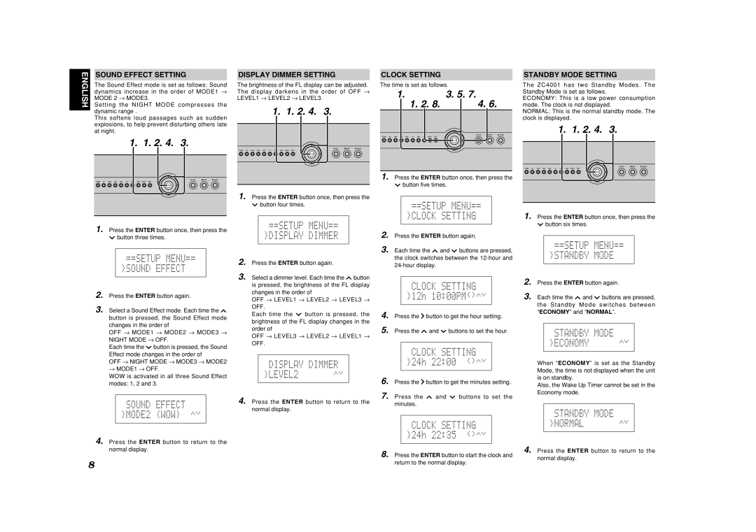 Marantz ZC4001 manual Sound Effect Setting, Display Dimmer Setting, Clock Setting, Standby Mode Setting 