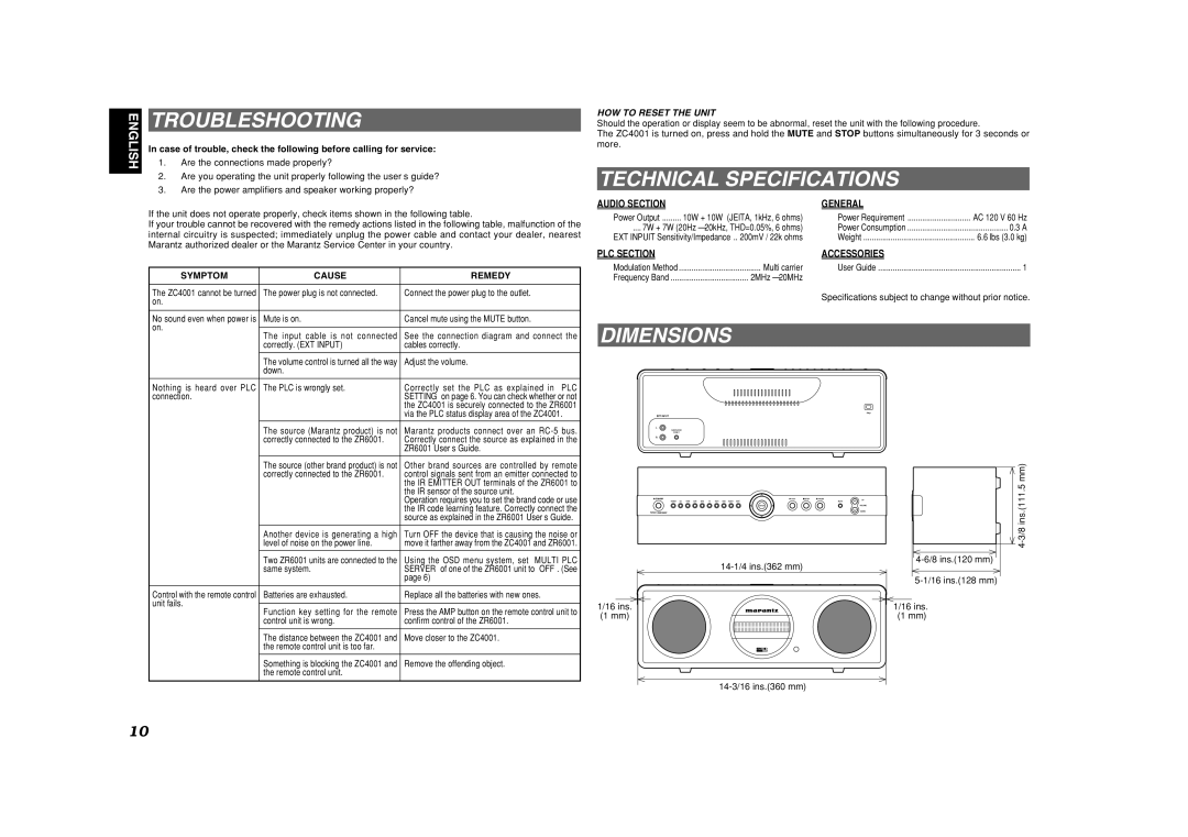 Marantz ZC4001 manual Troubleshooting, Technical Specifications, Dimensions, Audio Section General, PLC Section Accessories 